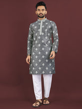 Vardhman Premium Grey Sequin Embroidered Mono Silk Kurta Pyjama Set for Men